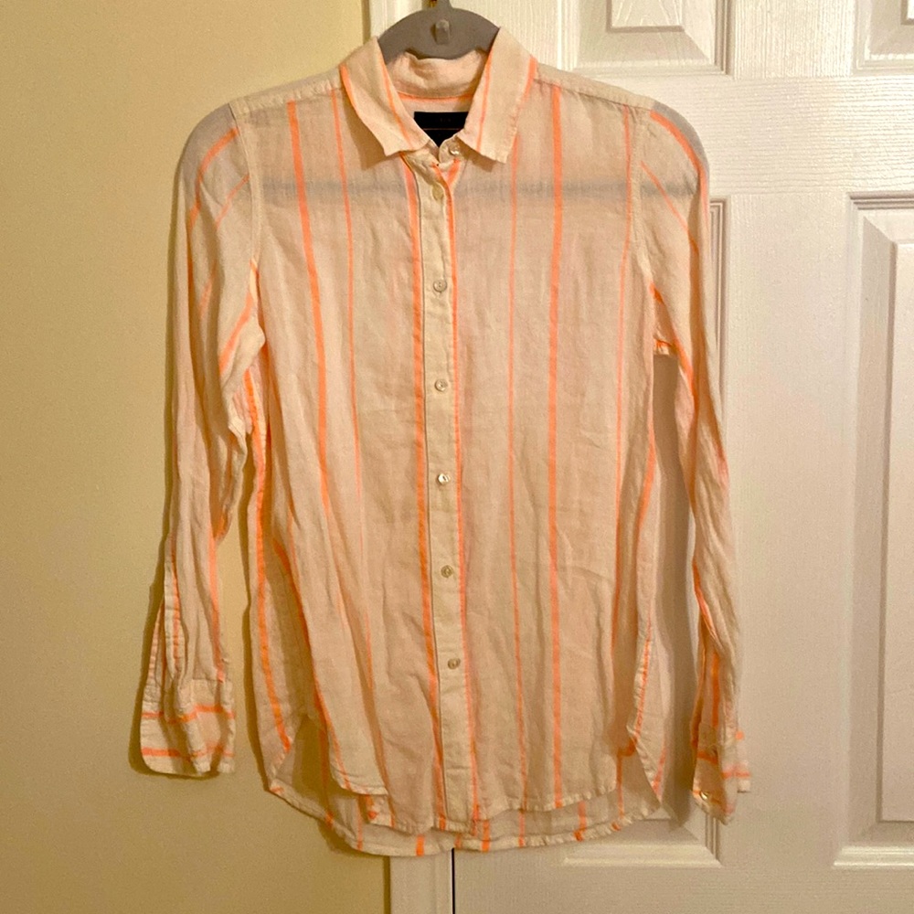 J.Crew size 0 linen blouse/button down shirt/striped/white/neon orange